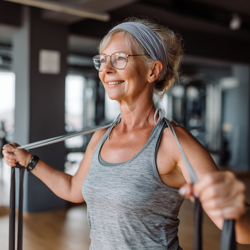 Group of smiling Ukrainian adults of various ages exercising together in a modern fitness studio, showing enthusiasm for healthy lifestyle