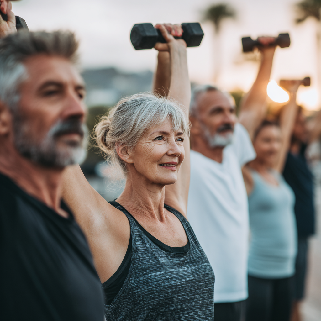 Middle-aged Ukrainian adults participating in low-impact cardio exercise in a bright, welcoming fitness environment, showing joy and comfort during workout